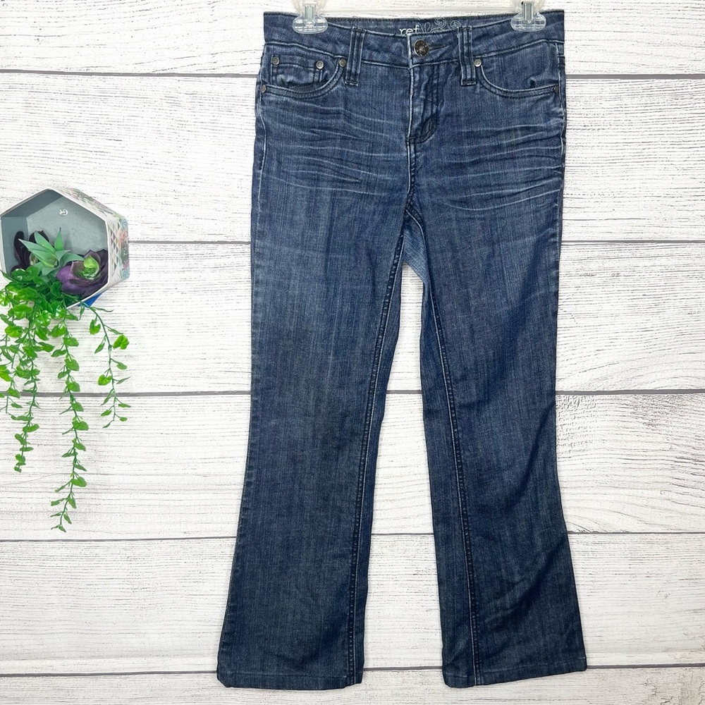 Refuge Restructured Medium Wash Distressed Low Rise Bootcut Jeans Size 2 Petite